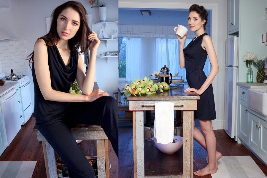 Matchplay luxury loungewear in navy - girl in kitchen drinking coffee