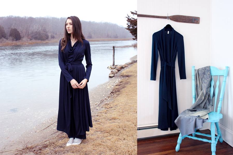 Matchplay designer loungewear in navy - girl  standing by lake outdoors and robe hanging from oar next to turquoise chair