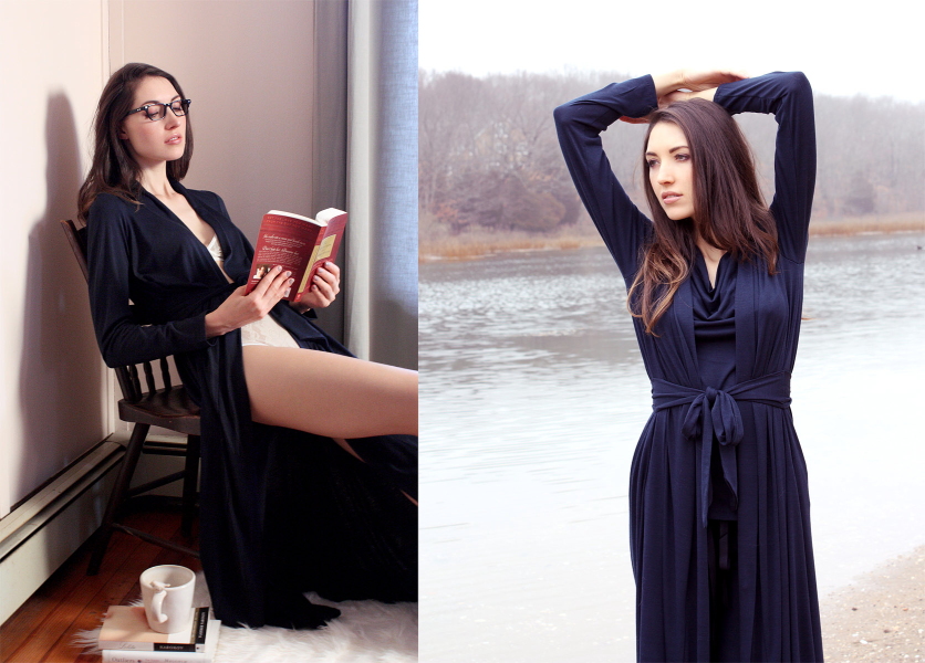 Matchplay designer loungewear in navy - shown girl reading book in lingerie indoors and standing by lake outdoors 