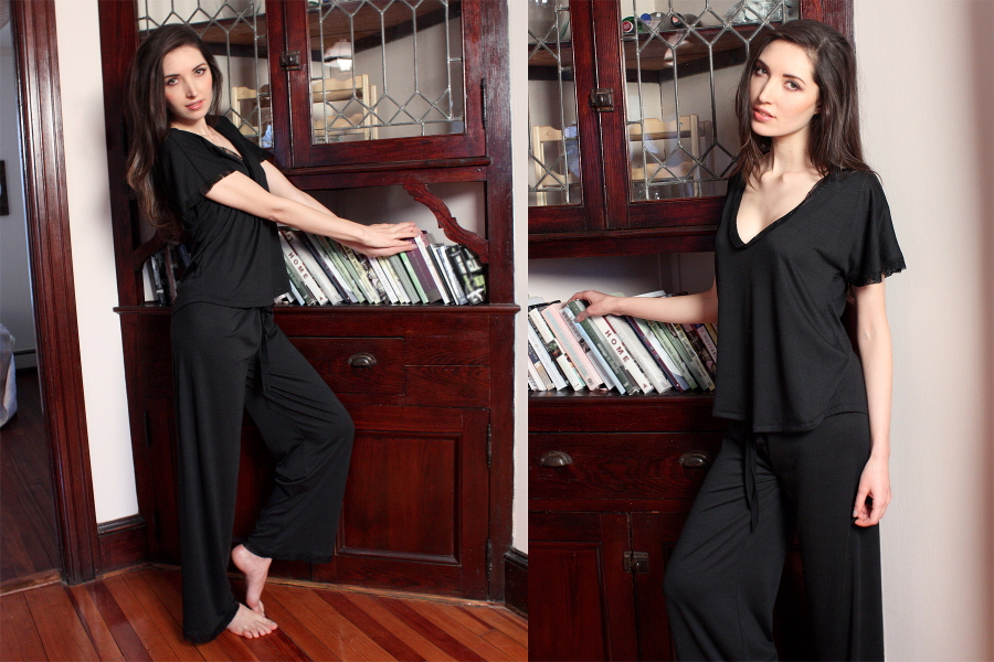 Black pajamas by Between the Sheets Designer Sleepwear Brand