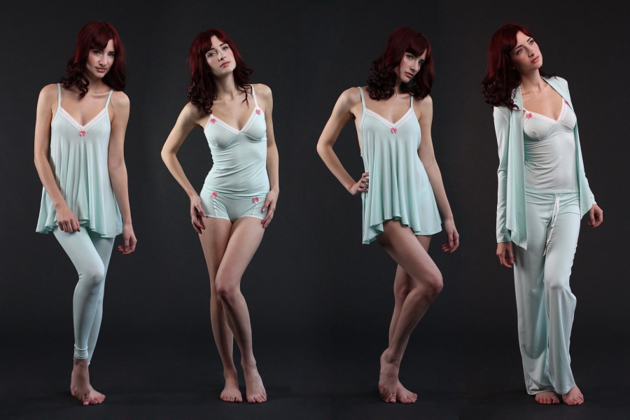 Between the Sheets Intimates Come Out & Play lingerie line in Bamboo/mint green featuring model Susan Coffey
