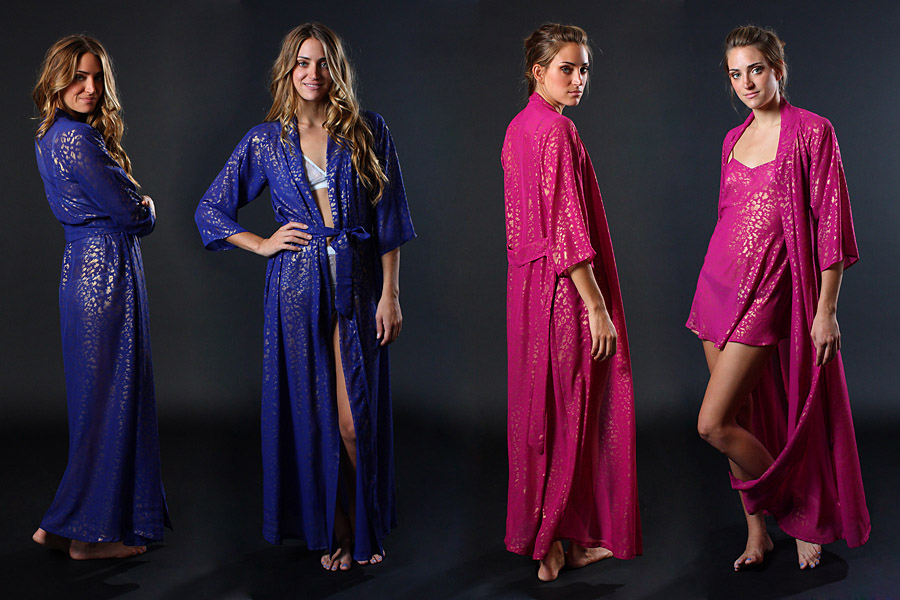 luxury loungewear - leopard play cobalt and raspberry silky robe with gold foil print