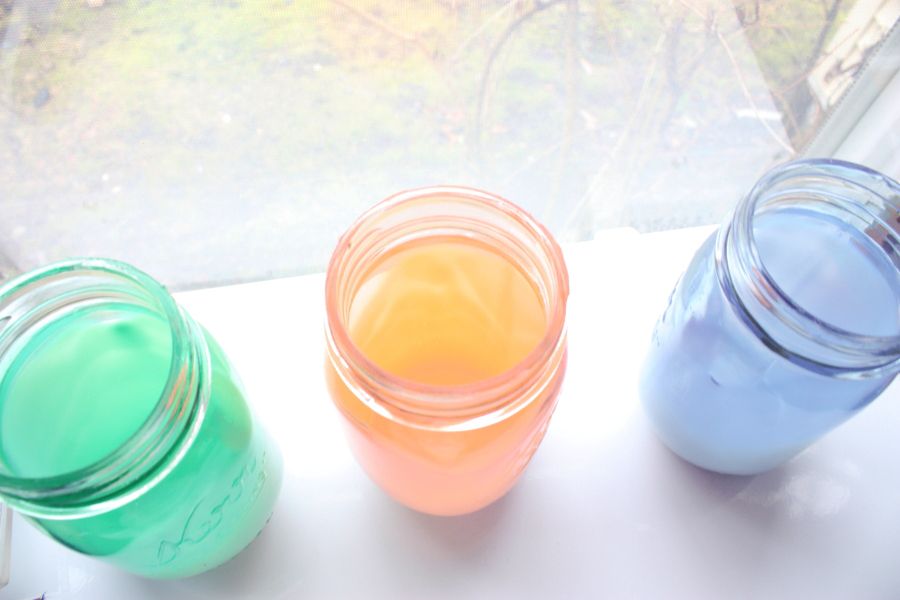 BTS lingerie photoshoot - DIY colored mason jars using food coloring and modge podge