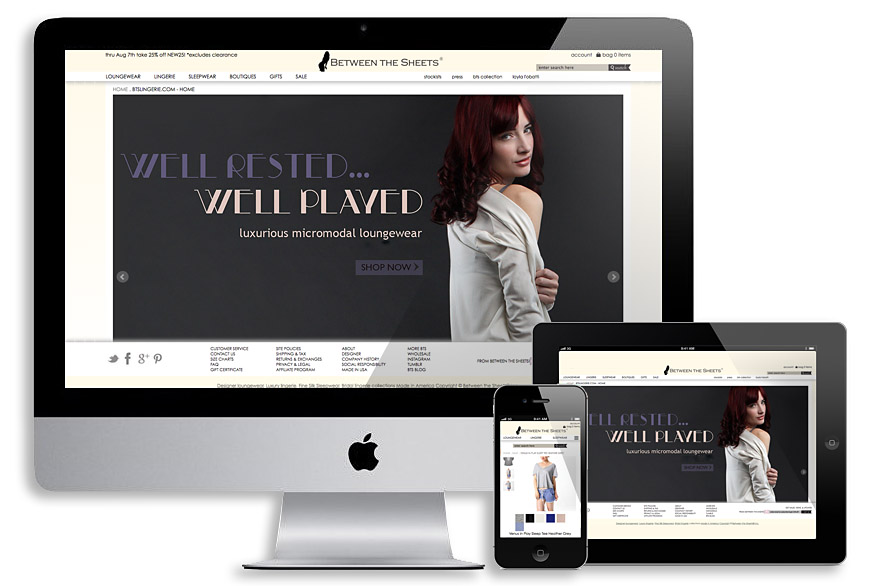 Between the Sheets Website responsive web design by Lauren Hills for lingerie/sleepwear ecommerce website
