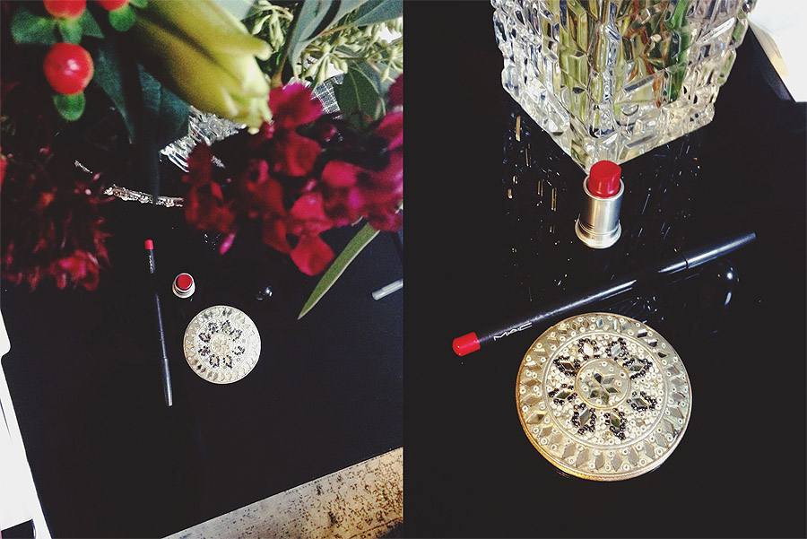 Deco details of Layla & Josh's NYC New Year's Eve elopement - Mac Red lipstick and liner, Tiffany's vase, deco detailed hand mirror