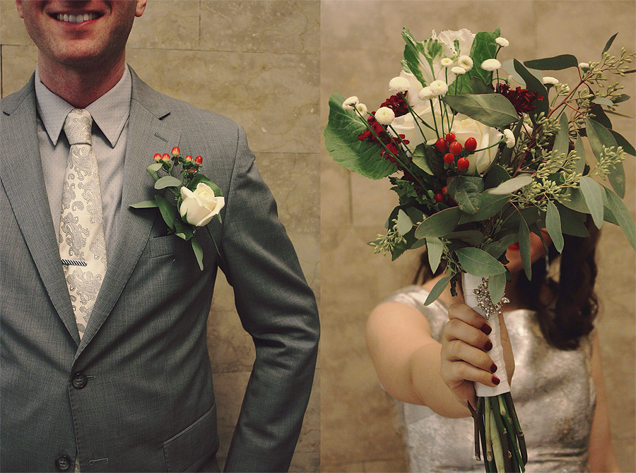 DIY flower details of Layla & Josh's NYC New Year's Eve elopement - bouquet and boutonniere