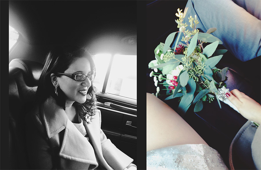 Layla & Josh's NYC New Year's Eve elopement - winter bridal bouquet & cab ride bride