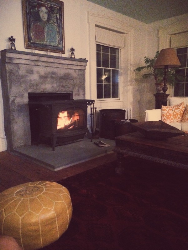 a roaring fire in the evening at catherine harnden house