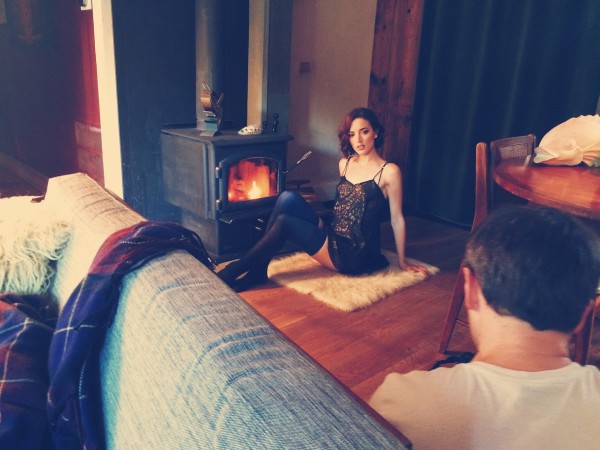 BTS photoshoot in Woodstock NY - behind the scenes lingerie model by the fire