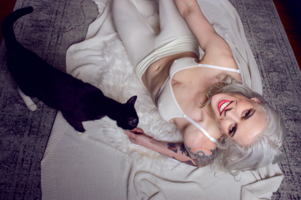 casey in lingerie tattoos w/ tuxedo cat  - BTS Blog