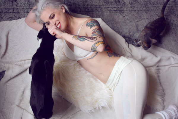 casey in lingerie tattoos w/ tuxedo cat and tortie kitten - BTS Blog