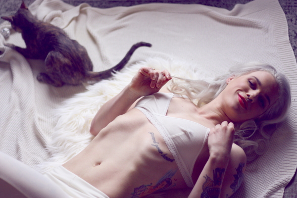 casey in lingerie tattoos w/ tuxedo cat and tortie kitten - BTS Blog