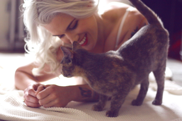 casey - tattood beauty in lingerie kissing kitten on BTS blog