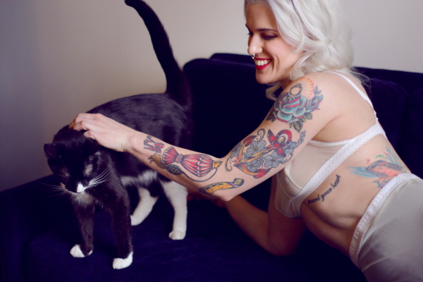 casey - blonde bombshell with lingerie tattoos x tuxedo cat on BTS blog