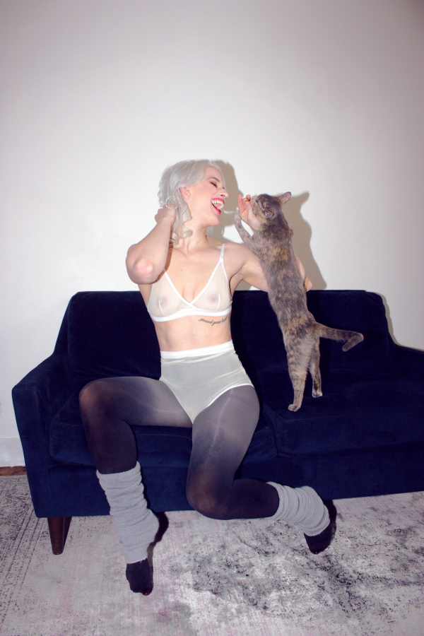casey - blonde bombshell with tattoos, cat, lingerie