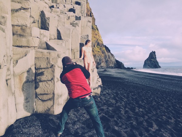 Josh & Arden at Cliffs of Vik in Iceland shooting Andromeda collection