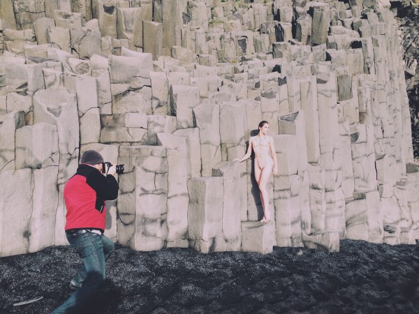 Josh shooting Arden in Andromeda collection in Vik Iceland Reynisdrangar