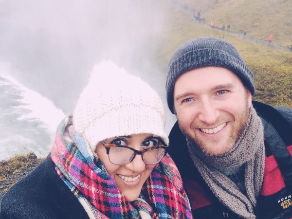 layla l'obatti and josh verleun of between the sheets at gulfoss waterfall in iceland