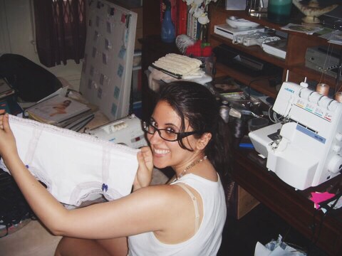 Sewing first collections on the floor of our studio apartment. My first workspace