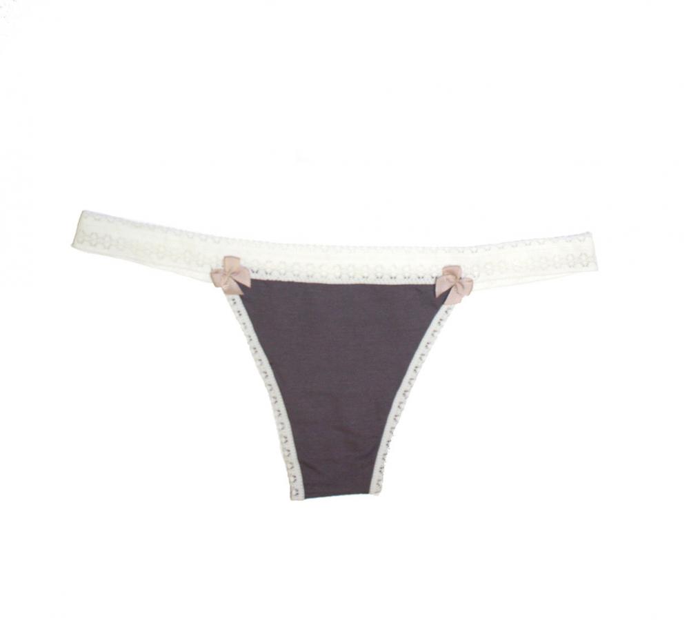 Thong in Shade/Grey with Dawn/Ivory lace trim - Come Out and Play by Between the Sheets Collection | Luxury Lingerie | Designer Lingerie | Made in USA