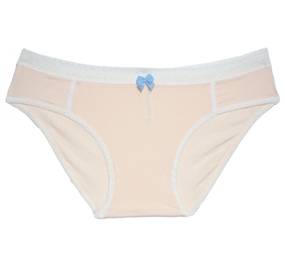 peach modal bikini with ivory trim and blue bow