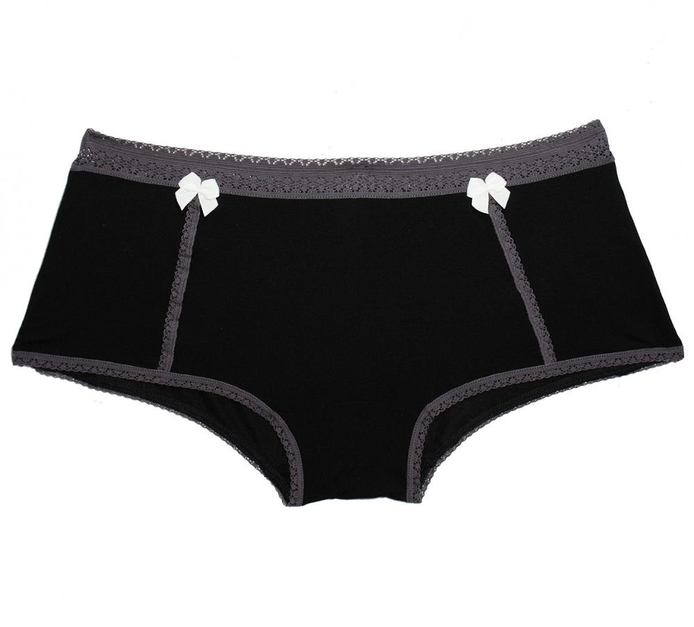 black modal boyshort with grey trim and ivory bows