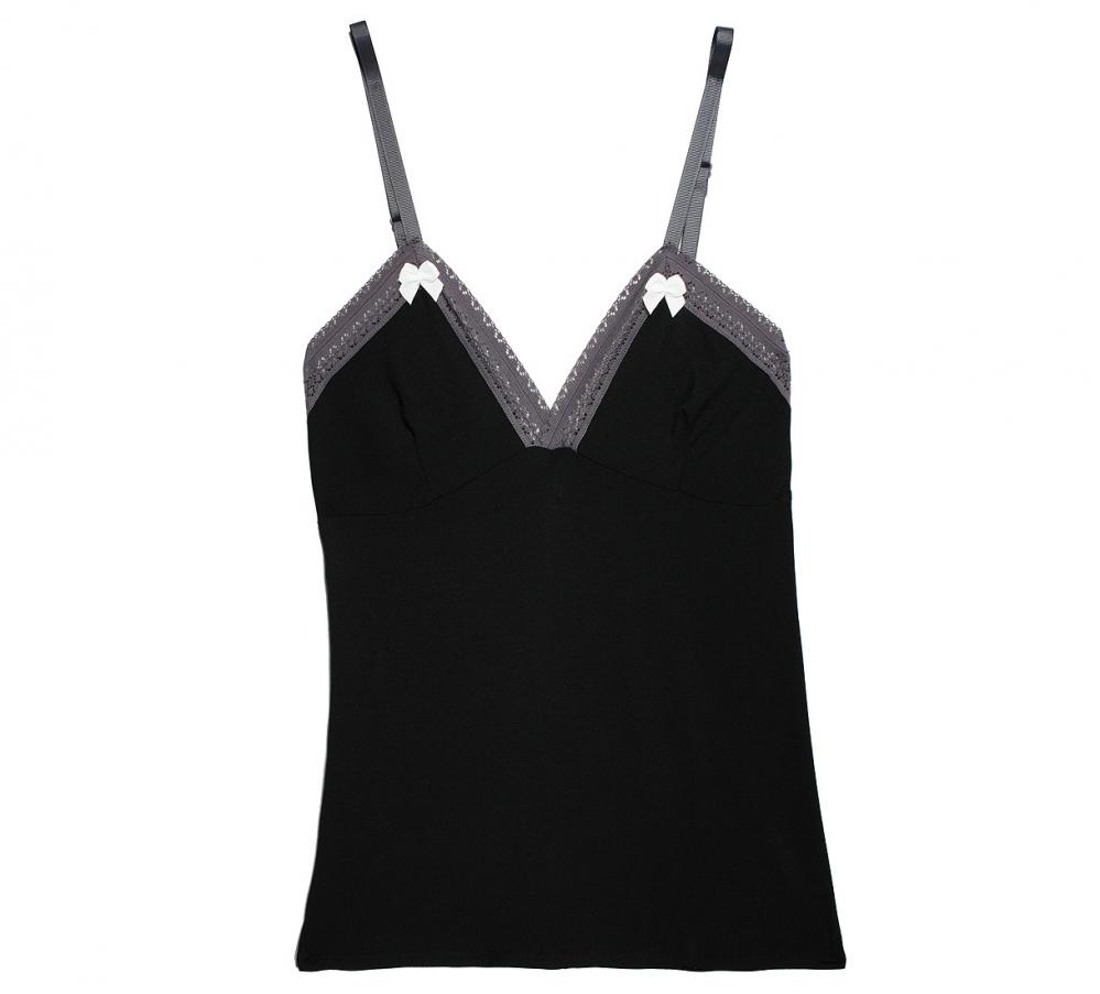black modal cami with grey trim and ivory bows